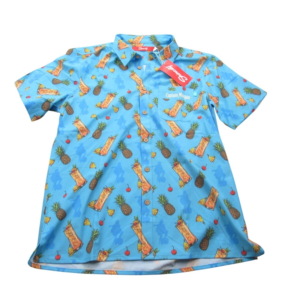 Shinesty Captain Morgan Cocktail Print  Button Up Shirt Men's Med  Blue‎